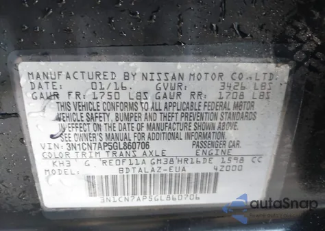 2016 Nissan Versa 1.6 S+ z USA, uszkodzony, nr VIN 3N1CN7AP5GL860706